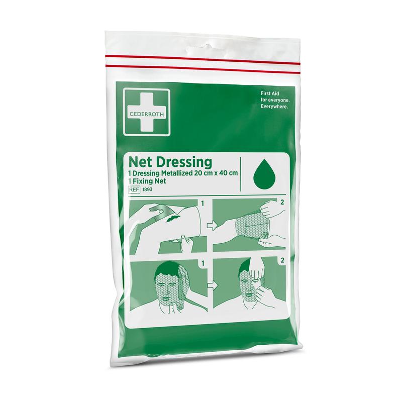 Eine Packung Cederroth Netzverband | Packung (1 Stück) von Orkla Wound Care AB mit grüner und weißer Verpackung zeigt eine illustrierte Anleitung zur Anwendung des elastischen Netzverbandes an einem Arm und am Kopf.