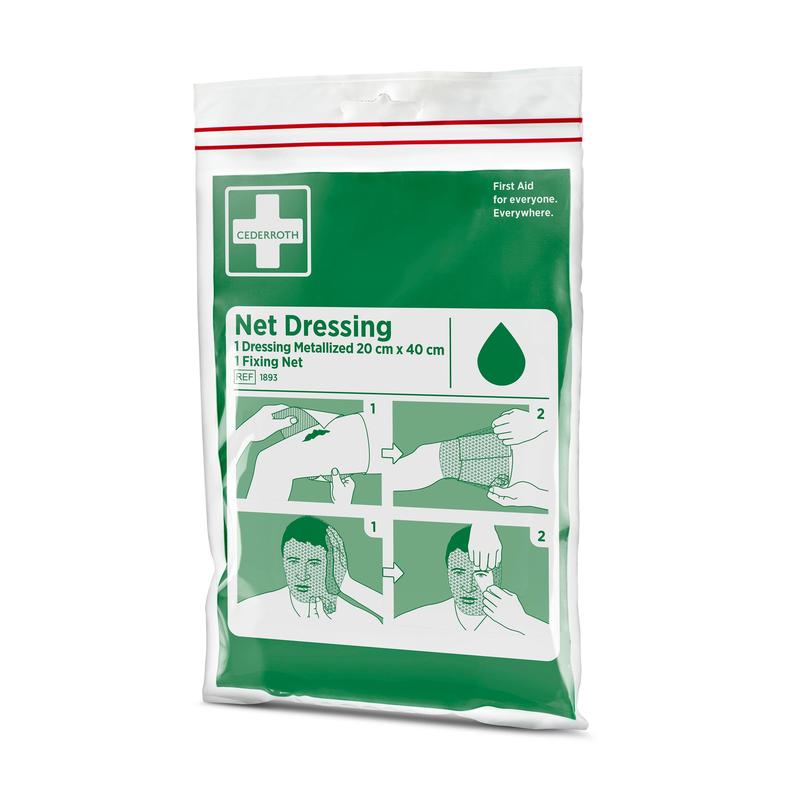 Die grün-weiße Cederroth Netzverband Packung (1 Stück) von Orkla Wound Care AB enthält eine bebilderte Anleitung zum Anlegen eines elastischen Netzverbandes an Arm und Kopf sowie Wundversorgung und Erste-Hilfe-Informationen auf der Vorderseite.