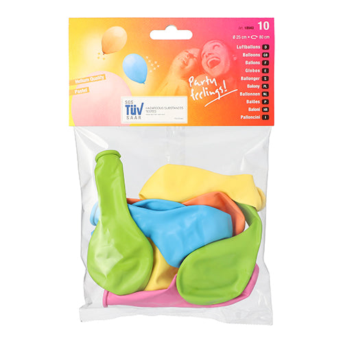 Eine Klarsichtverpackung der PAPSTAR GmbH enthält 10 farbig sortierte Luftballons (Ø 25 cm). Das Etikett zeigt bunte Ballons, Produktdetails, den Slogan „Partyfeeling!“ und weist auf die hochwertige Materialqualität hin.