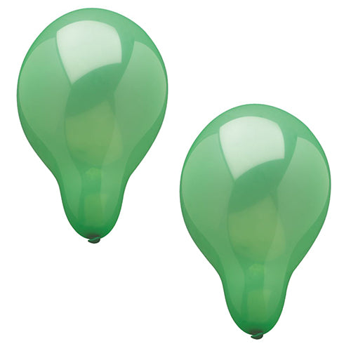In front of a white background, two inflated green PAPSTAR 100 balloons (Ø 25 cm) from PAPSTAR GmbH in drop shape with shiny surface and light reflections are visible.
