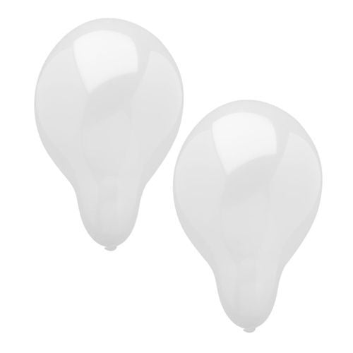 Two simple white PAPSTAR 100 balloons (Ø 25 cm) from PAPSTAR GmbH in drop shape are depicted on a white background. Their surface is highlighted in a reflective manner, making them ideal for party planning.