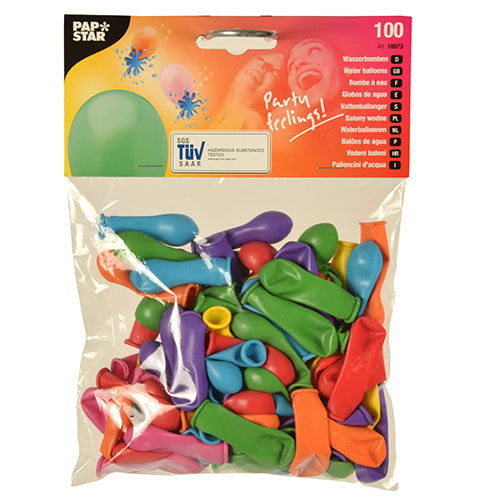 In einem transparenten Beutel befinden sich 100 bunte Luftballons „Wasserbomben“ der PAPSTAR GmbH mit einer festlichen Kopfkarte – ideal für Sommerspaß und perfekt für Partys.