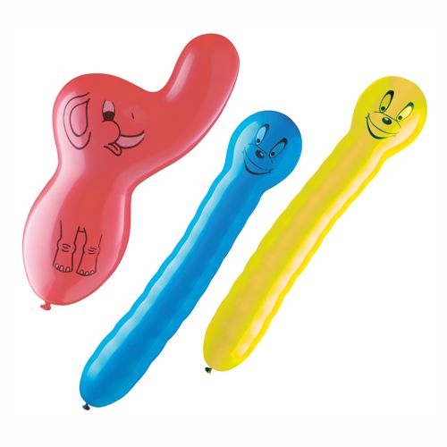 Die PAPSTAR 3 Luftballons farbig sortiert „verschiedene Formen“ (Beutel, 3 Stück) von der PAPSTAR GmbH bestehen aus einem roten Ballon in Elefantenform und zwei geraden Ballons in Blau und Gelb mit lächelnden Gesichtern und sorgen für bunte Vielfalt zu besonderen Anlässen.
