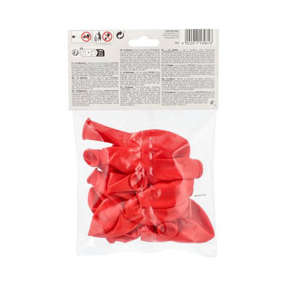 In einer transparenten Tüte sind PAPSTAR 10 Luftballons Ø 25 cm der PAPSTAR GmbH in Rot, aus hochwertigem Latex, mit weißem Etikett oben – ideal zur Dekoration.