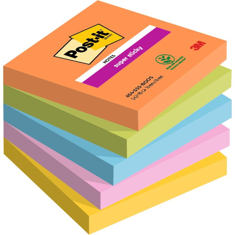 A stack of six 76x76 mm Post-it® Super Sticky Notes, 90 sheets per block, in the colors orange, green, blue, yellow, pink, and purple from 3M Deutschland GmbH; each block is 100% PEFC certified.