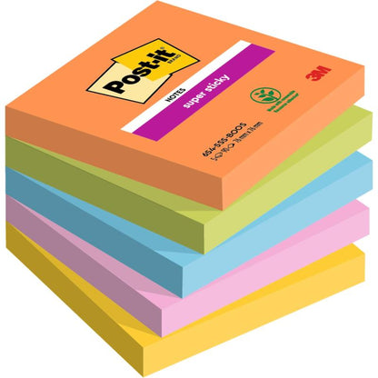 A stack of six 76x76 mm Post-it® Super Sticky Notes, 90 sheets per block, in the colors orange, green, blue, yellow, pink, and purple from 3M Deutschland GmbH; each block is 100% PEFC certified.