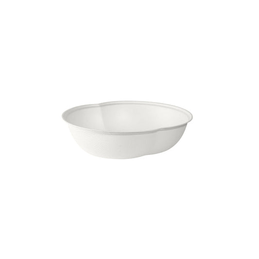 Die Schale Bagasse Weiß von Duni GmbH ist rund, weiß, kompostierbar und umweltfreundlich. Sie besteht aus leichtem Bagasse-Material und wurde vor weißem Hintergrund fotografiert.