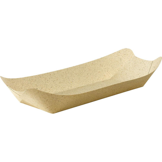 Die Graspapier-Schale "Bloom Large" von Duni GmbH (285x135 mm, Natur, 500 Stück) ist nachhaltig, rechteckig mit gebogenen Kanten und spitzen Ecken - ideal als umweltfreundliche Verpackung.