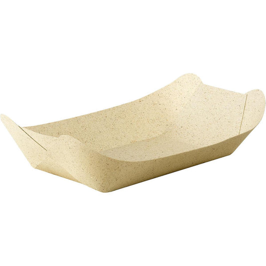Die Duni GmbH Graspapier-Schale, Bloom Medium 225x150 mm, ist eine biologisch abbaubare Verpackung aus Natur Graspapier mit erhöhten Seiten und gefalteten Ecken, leer vor weißem Hintergrund gezeigt. Packung mit 500 Stück.