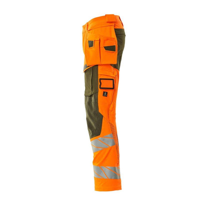 Pants with hanging pockets, ULTIMATE STRETCH pants, hi-vis orange/moss green