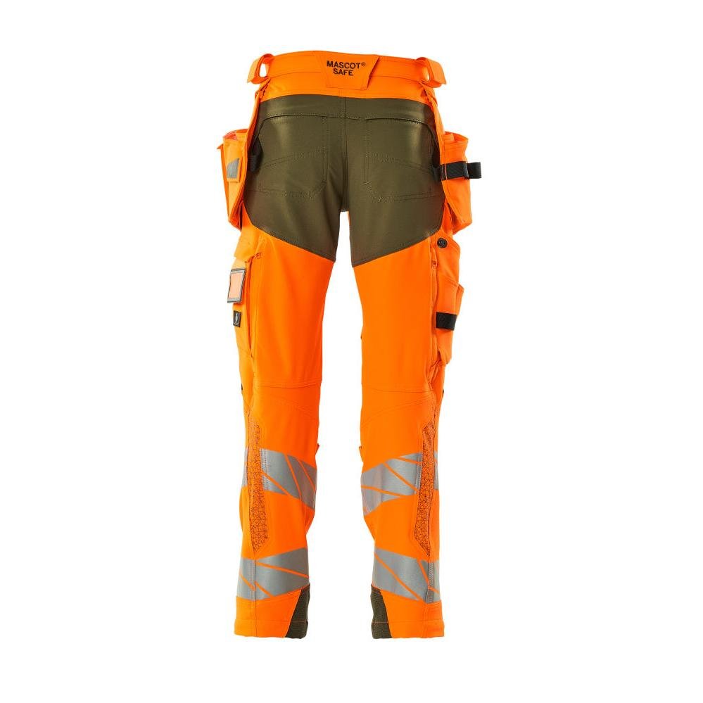 Pants with hanging pockets, ULTIMATE STRETCH pants, hi-vis orange/moss green