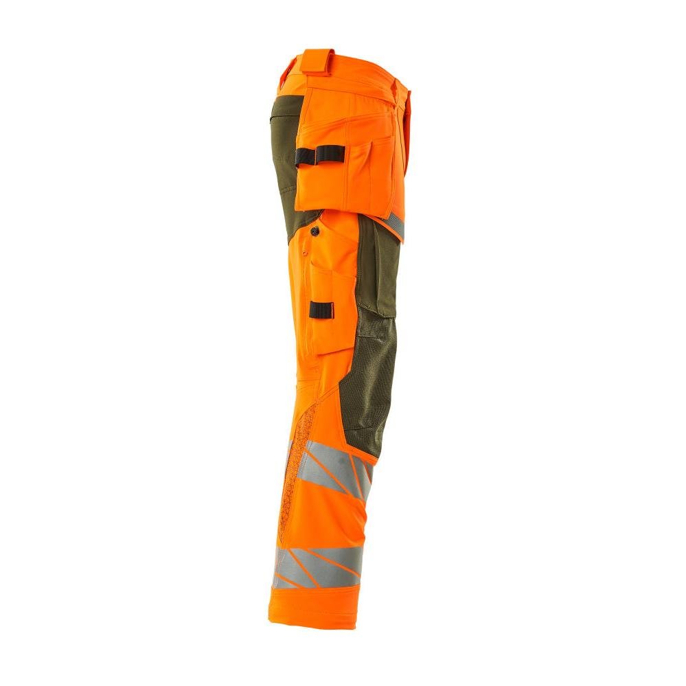Pants with hanging pockets, ULTIMATE STRETCH pants, hi-vis orange/moss green