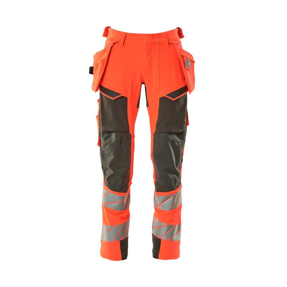 Trousers with hanging pockets, ULTIMATE STRETCH trousers, hi-vis red/dark anthracite