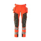 Trousers with hanging pockets, ULTIMATE STRETCH trousers, hi-vis red/dark anthracite