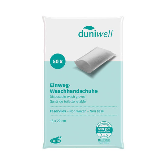 Duniwell Waschhandschuhe (15 x 22 cm, weiß) von Duni GmbH-Packung mit 50 Stück in weiß-blauem Design, mit Infos auf Deutsch, Englisch und Französisch. Ideal für hygienische Reinigung in Pflegeheimen.