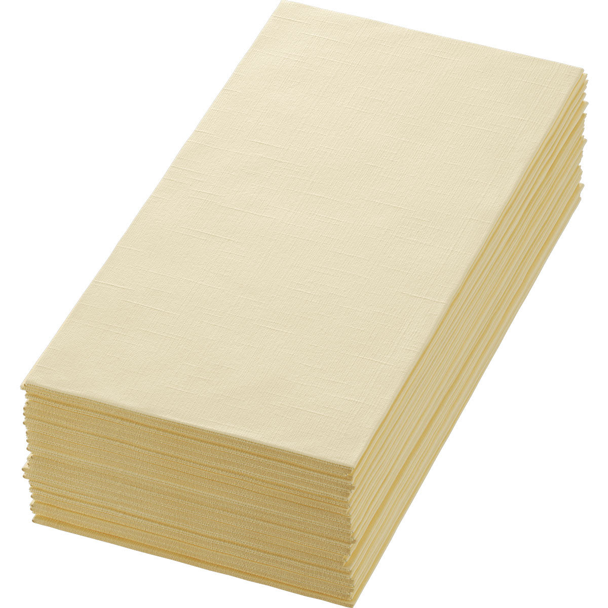 Ein Stapel Dunilin-Servietten 48 x 48 cm 1/4 Falz von Duni GmbH, beige und rechteckig, ist ordentlich auf einem weißen Hintergrund angeordnet.
