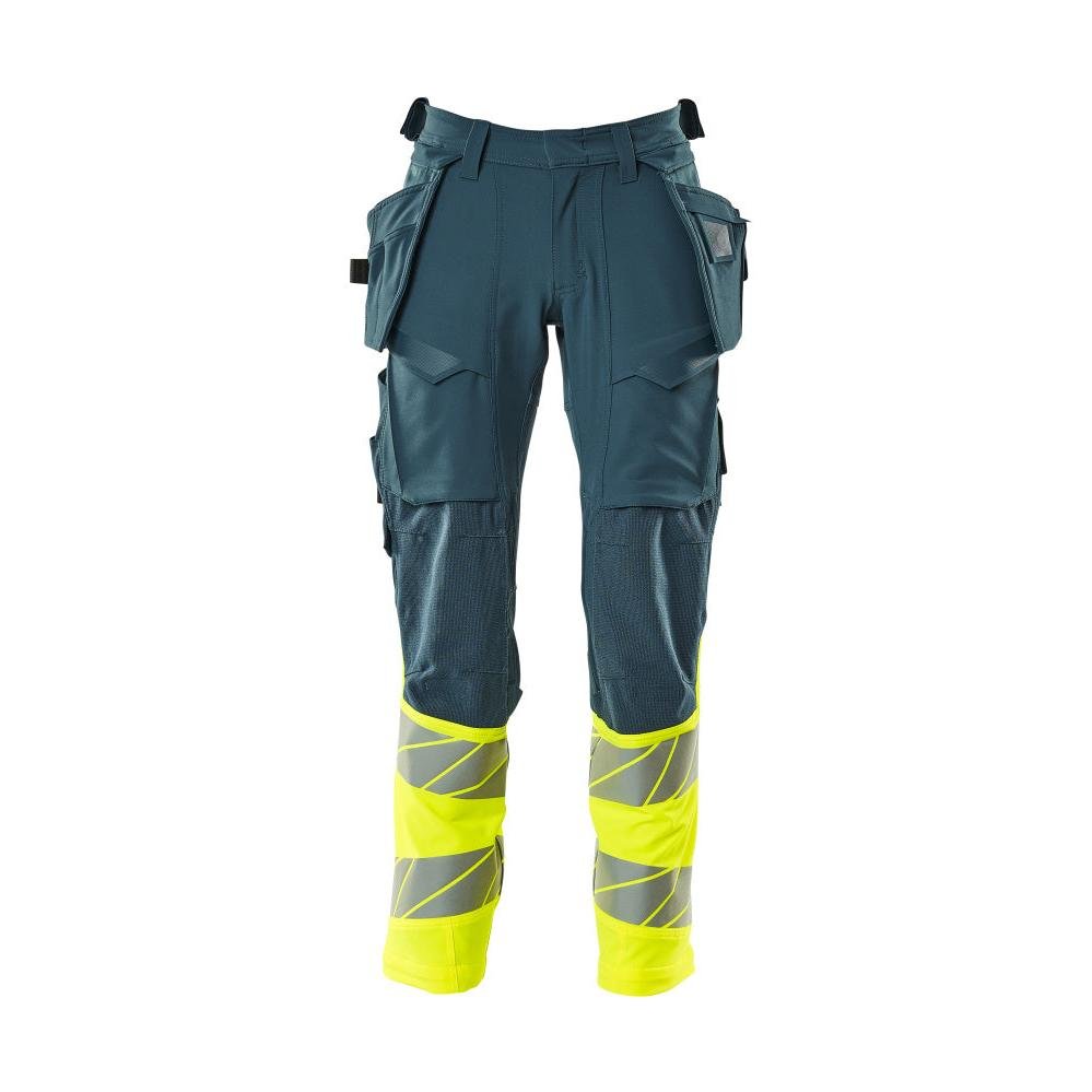 Pants with hanging pockets, ULTIMATE STRETCH pants, dark petroleum/hi-vis yellow