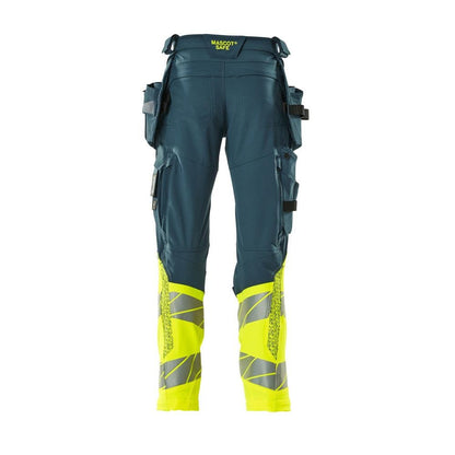 Pants with hanging pockets, ULTIMATE STRETCH pants, dark petroleum/hi-vis yellow