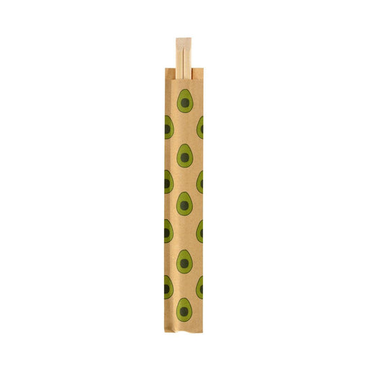 Ein Paar Essstäbchen, 210 mm, Avocado von Duni GmbH aus Bambus, teilweise in einer braunen Papierhülle mit Avocado-Muster, abgebildet auf weißem Hintergrund. Die Packung enthält 100 Stück.