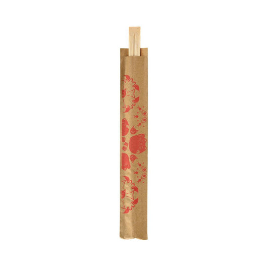 Ein Paar Essstäbchen, 210 mm, Emoji Sakura Bambus von Duni GmbH, zum Teil in einer braunen Papiertüte mit roten Tier- und Objekt-Illustrationen, auf weißem Hintergrund präsentiert. Die Packung enthält 100 Stück.