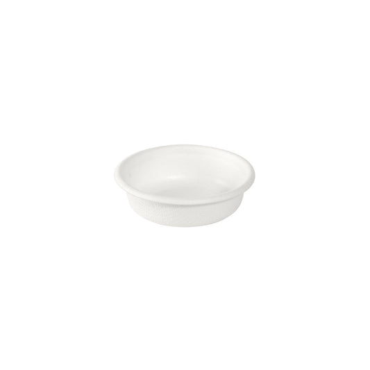 Ein runder, weißer 30 ml Dressingbecher aus Bagasse von Duni GmbH (65x65x18 mm, Packung mit 150 Stück) liegt mittig auf weißem Hintergrund; umweltfreundlich und praktisch mit leicht erhöhtem Rand.