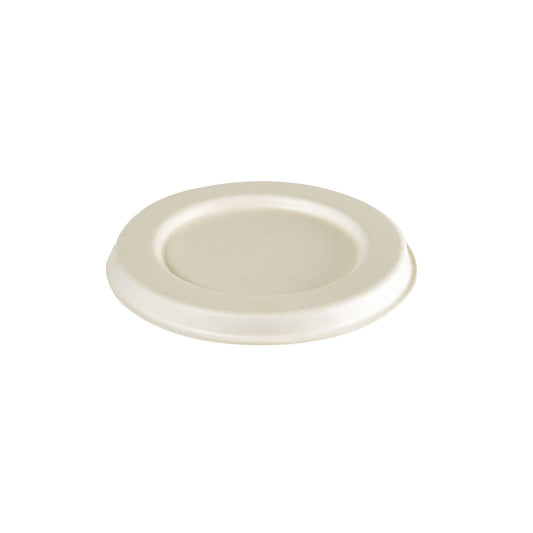 Ein weißer, runder Bagasse-Deckel (65x65x8 mm) der Duni GmbH für 192065/192066/192067, abgebildet mit leicht erhöhtem Rand auf weißem Grund; Packung enthält 150 Stück.