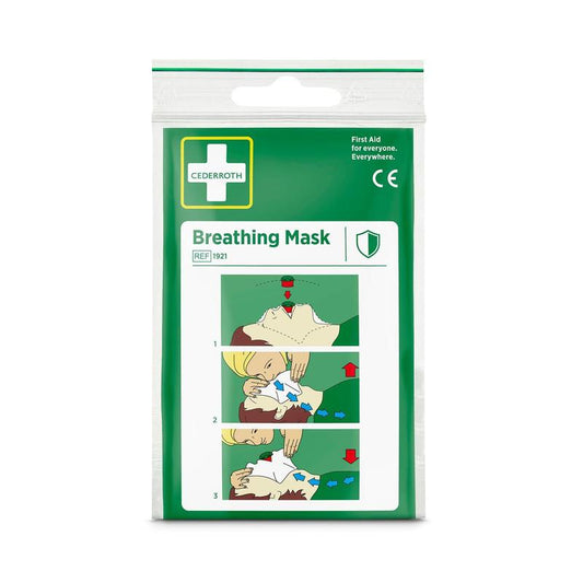 Die Cederroth Atemmaske | Packung (1 Stück) von Orkla Wound Care AB verfügt über bebilderte Anwendungsschritte, Erste-Hilfe-Symbole und bietet Schutz vor Staub in ihrer grünen Notfallverpackung.
