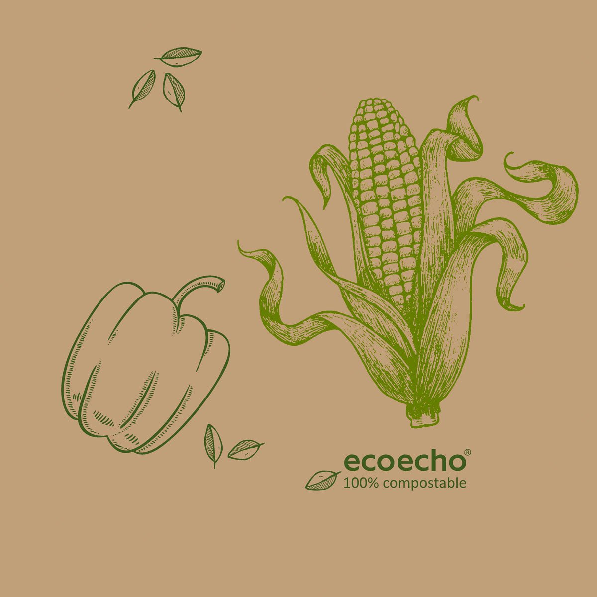 Green line drawings of a bell pepper, an ear with husk and leaves form a Veggies design on Duni GmbH tissue napkins 33 x 33 cm 3-ply. "ecoecho 100% compostable" is written on the light brown napkins. Pack (50 pieces).