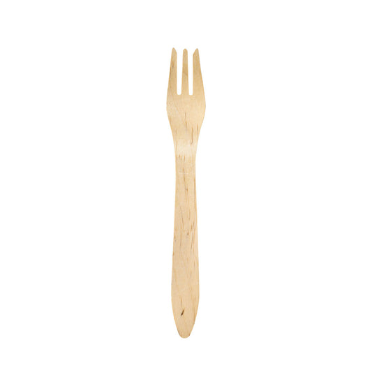 Eine einzelne Duni GmbH Gabel 190 mm, Holz gewachst, steht aufrecht vor weißem Hintergrund - ein minimalistisches Beispiel für nachhaltiges Einwegbesteck (Packung: 100 Stück).