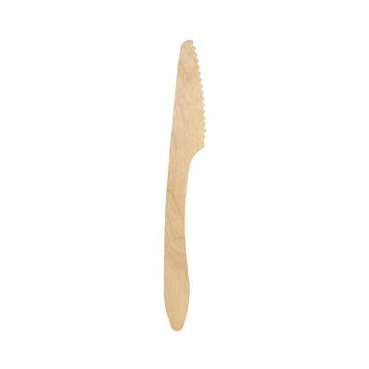 Das Bild zeigt ein Messer 190 mm, Holz gewachst, mit gezackter Klinge der Marke Duni GmbH auf weißem Hintergrund. Verpackungseinheit: 100 Stück.