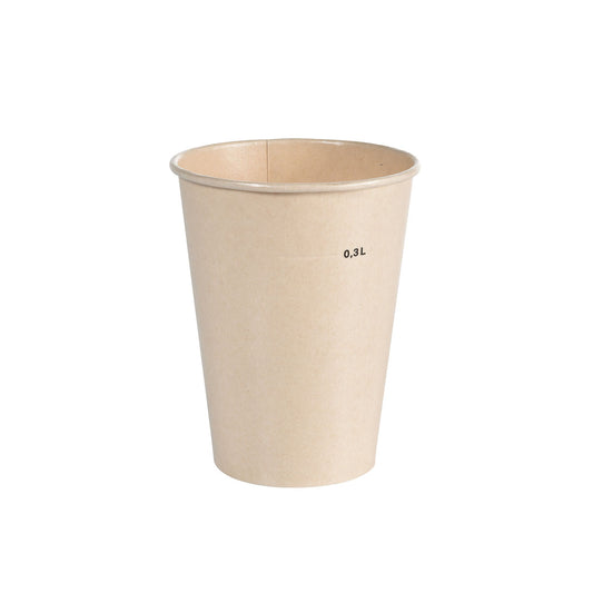 Ausschakbecher Breeze Cup Bagasse von Duni GmbH: Ein schlichter, hellbrauner Becher mit "0.3L"-Aufdruck, stehend vor weißem Hintergrund - der umweltfreundliche Einwegbecher für nachhaltigen Genuss.