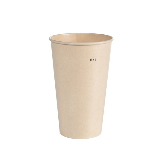 Ausschakbecher Breeze Cup Bagasse von Duni GmbH: ein schlichter beiger 0,4L Becher, umweltfreundlich und ideal für nachhaltigen Genuss, steht aufrecht vor weißem Hintergrund.