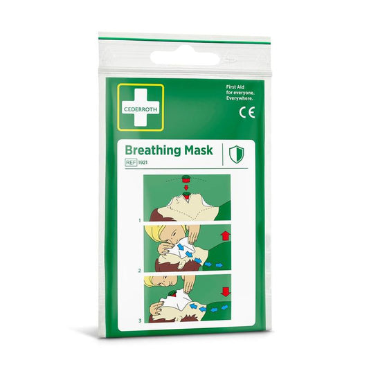 Eine grün-weiße Orkla Wound Care AB Cederroth Atemmaske Packung (1 Stück) zeigt eine bebilderte dreistufige HLW-Anleitung: Kopfneigung, Anlegen der Maske und Einblasen von Luft in den Mund einer liegenden Person.