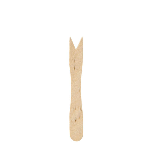 Die Pommesgabel 85 mm von Duni GmbH ist eine kleine, flache, ungewachste Holz-Fingerfood-Gabel mit V-förmiger Kerbe und abgerundetem Griff, umweltfreundlich und isoliert auf weiß. Packung: 1000 Stück.