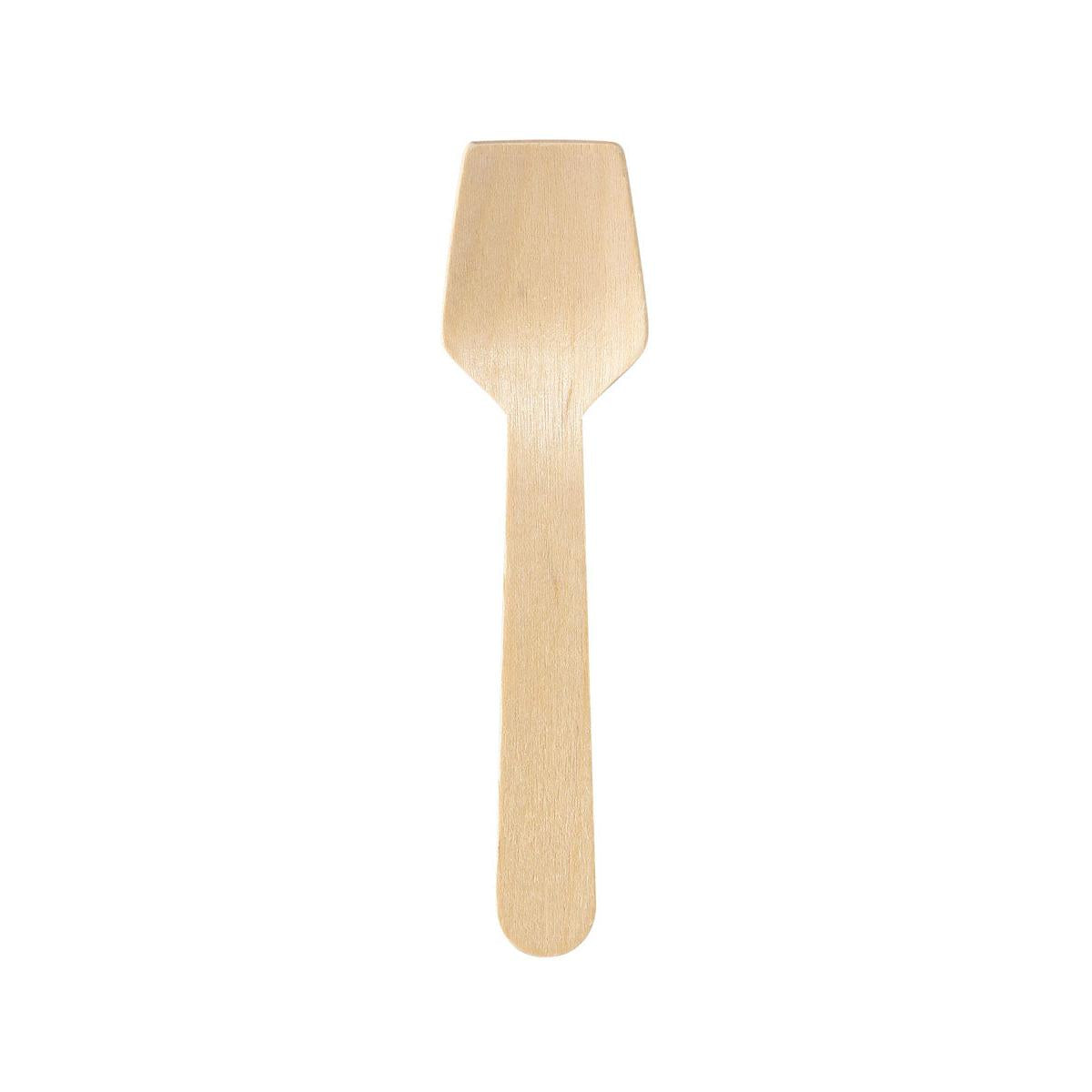 Der Duni GmbH Eislöffel 95 mm, Holz ungewachst Natural zeichnet sich durch eine flache, breite, kantige Spitze aus, die die Formen von Spatel und Löffel kombiniert. Abgebildet auf weißem Hintergrund. Packung: 100 Stück.