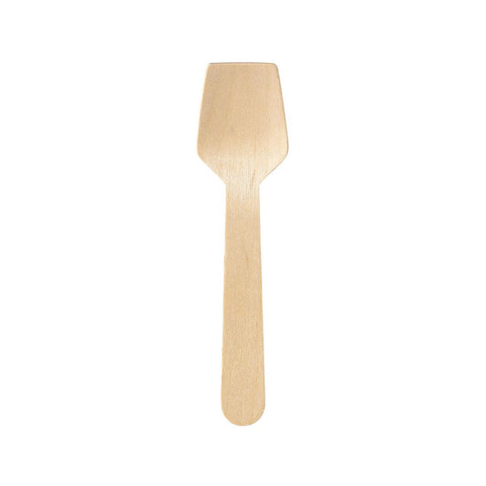 Der Duni GmbH Eislöffel 95 mm, Holz ungewachst Natural zeichnet sich durch eine flache, breite, kantige Spitze aus, die die Formen von Spatel und Löffel kombiniert. Abgebildet auf weißem Hintergrund. Packung: 100 Stück.