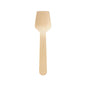 The Duni GmbH ice cream spoon 95 mm, unwaxed natural wood is characterized by a flat, wide, angular tip that combines the shapes of a spatula and a spoon. Pictured on a white background. Package: 100 pieces.