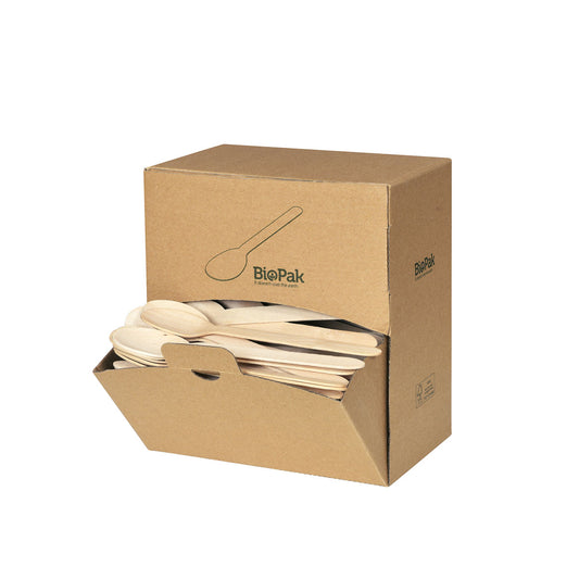 Eine braune Pappschachtel "Holz Löffel 160 mm, Spenderbox Natural gewachst 160 | Packung (300 Stück)" von Duni GmbH enthält umweltfreundliche Holzlöffel, von denen einige durch die offene Vorderseite sichtbar sind. Die Box zeigt eine einfache Löffel-Illustration.