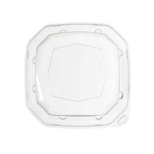 Die rPet Deckel Octabagasse 400 ml von Duni GmbH ist ein transparenter, quadratischer rPET-Deckel (160x160x39mm) mit abgerundeten Ecken, erhöhter Mitte und acht Randeinkerbungen für sicheren Halt. Sichtbare Recycling-Symbole. Verkauft in 50er-Packungen.
