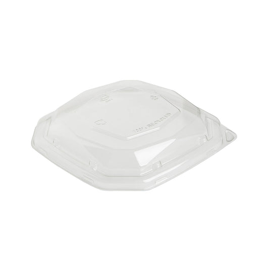 Transparenter, sechseckiger rPET-Deckel (191x191x35 mm) der Duni GmbH mit leichter Kuppel, Recycling-Symbolen und Prägung "100% recycled". Ideal für Octabagasse 650/900 ml Behälter oder andere umweltfreundliche Anwendungen. Packung mit 50 Stück.