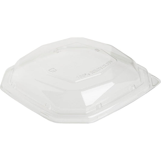 Der Duni GmbH rPet Deckel Octabagasse 1000 ml Transparent rPET 233x233x44 zeichnet sich durch eine erhabene Mitte, abgeschrägte Kanten, Recycling-Symbole und die Prägung "100% RECYCLED" auf der Oberfläche aus. Erhältlich in 50er-Packungen.