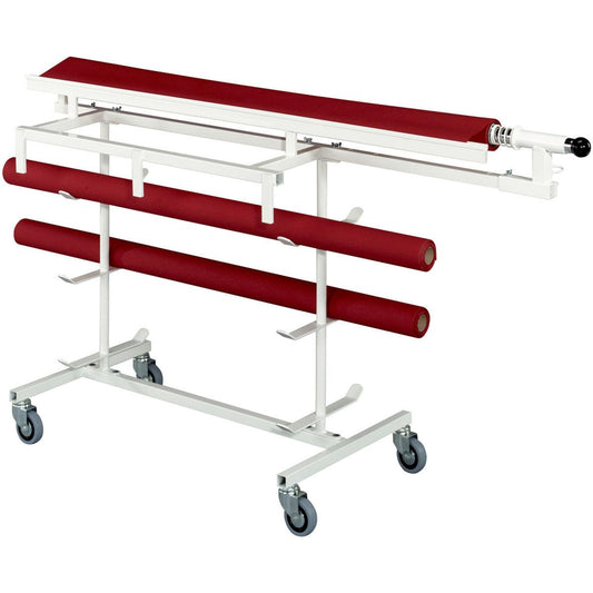 Der Duni GmbH Saaleindeckergestell fasst eine Rolle zum Abdecken langer Tischreihen - ideal für Veranstaltungen. Es ist ein weißes Metallgestell mit vier Rädern, horizontalen Stangen und einem Griff, perfekt für die einfache Handhabung beim Aufbau von großen Veranstaltungsorten.
