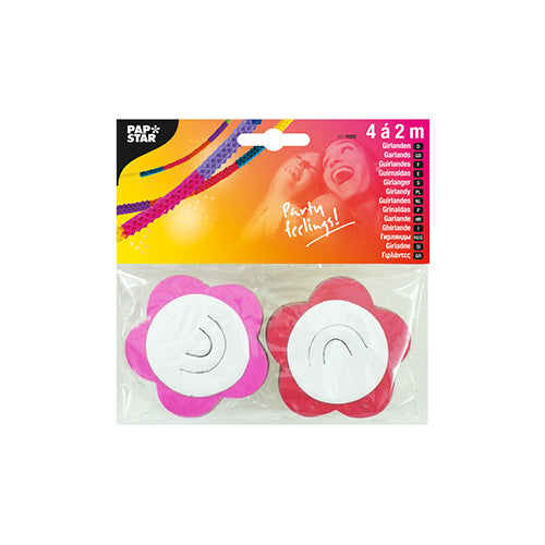 Das Set „2 Girlanden, Papier“ der PAPSTAR GmbH enthält eine rosa und eine rote Papiergirlande in Blütenform. Die Verpackung ist ideal für farbenfrohe Feiern und vermittelt „Partystimmung!“ und Produktdetails.