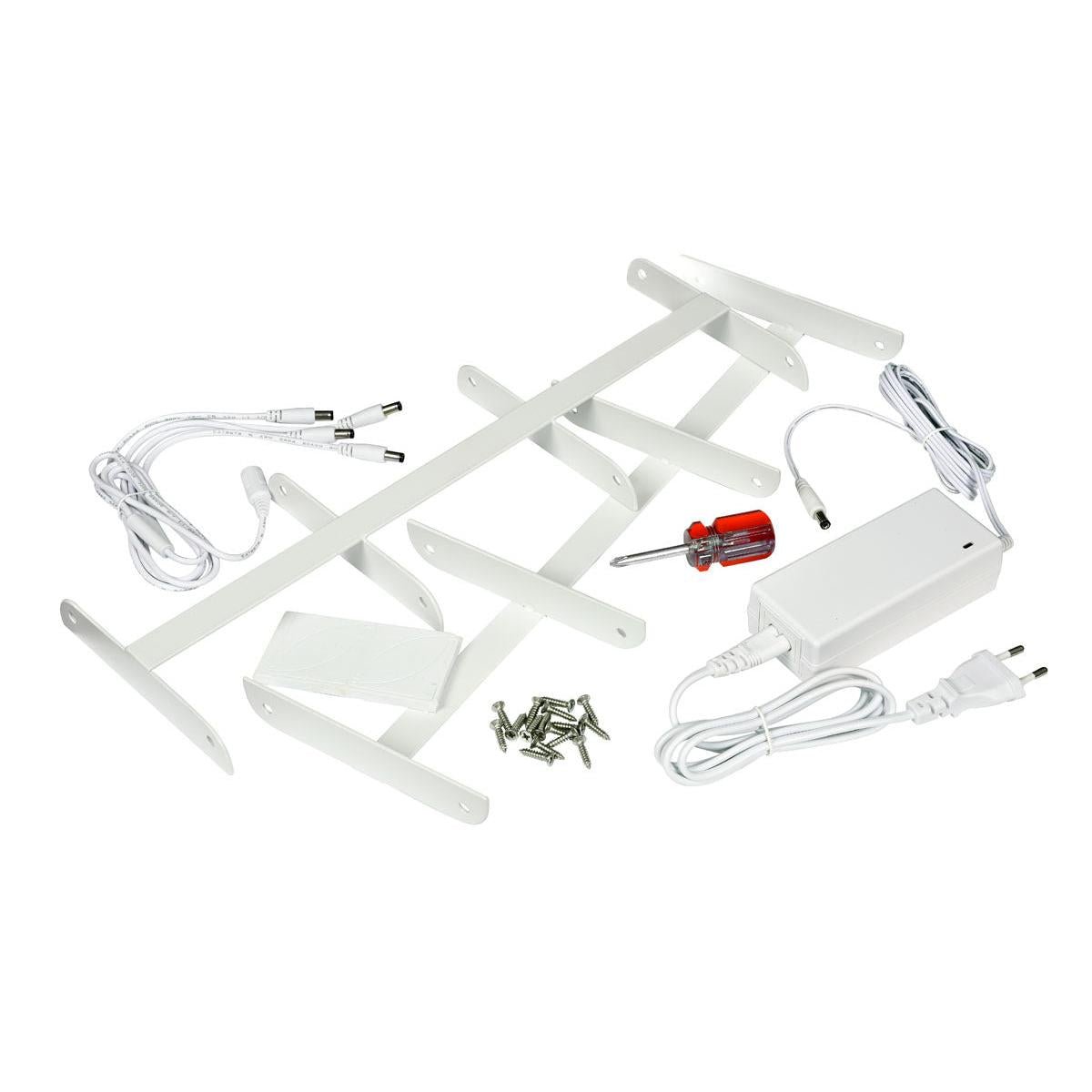 The Duni GmbH LED charging station for 4 sets - Mini lamp with efficient lighting (1 piece) including holder, screws, cables, power supply, and mounting material features a space-saving design on a white background.