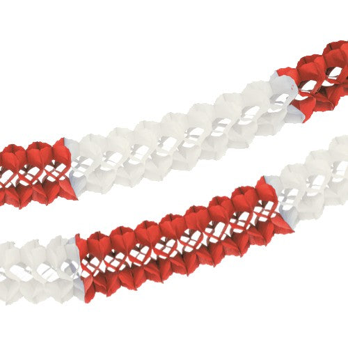 Zwei PAPSTAR Großraumgirlanden (schwer entflammbar, Ø16 cm, 10 m, Papier) im abwechselnden roten und weißen Rautenmuster – ideale Festtagsdekoration der PAPSTAR GmbH.