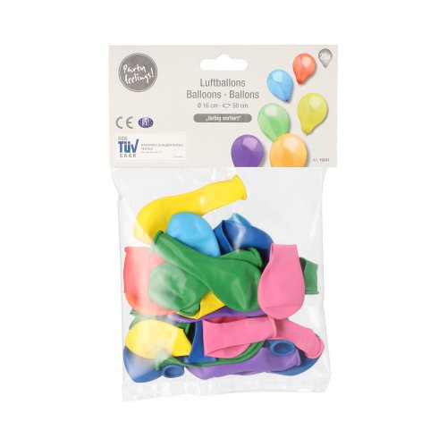Eine Klarsichttüte der PAPSTAR GmbH enthält 25 sortierte 16-cm-Luftballons (gelb, grün, blau, rosa) mit der Aufschrift „PAPSTAR 25 Luftballons Ø 16 cm farbig sortiert | Beutel (25 Stück)“ mit verspielten Ballonillustrationen.