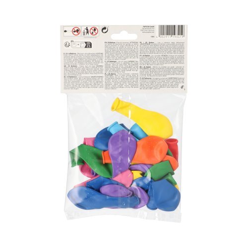 A clear plastic bag from PAPSTAR GmbH contains 25 colorfully assorted PAPSTAR balloons (Ø 16 cm) for parties. The bright balloons are available in blue, green, yellow, pink, orange, and purple. At the top of the bag is a white label with text and symbols.