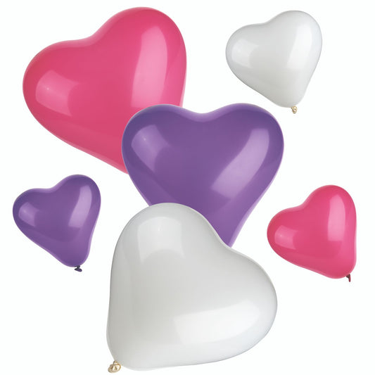 Vor weißem Hintergrund schweben PAPSTAR 12 Luftballons „Herz“ klein + mittel, farbig sortiert, und sorgen für romantische Stimmung.