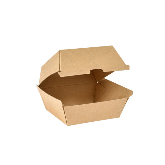 Die BioPak Clam Box Small Braun Karton FSC 105x102x84 von Duni GmbH, geöffnet auf weißem Hintergrund, ist eine umweltfreundliche Verpackung und ideal für nachhaltige Takeaway-Lösungen. Packung mit 55 Stück.