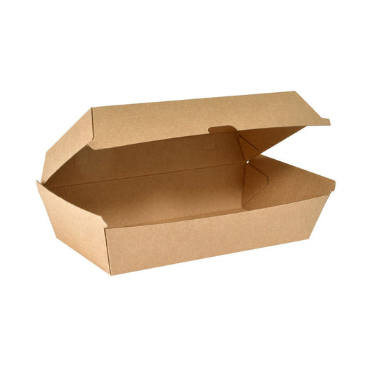 Die BioPak Clam Box Large Braun Karton FSC 205x107x79 von Duni GmbH ist geöffnet und leer auf weißem Hintergrund abgebildet. Sie verfügt über einen Scharnierdeckel und hebt ihre umweltfreundliche Verpackung hervor. Die Packung enthält 45 Stück.